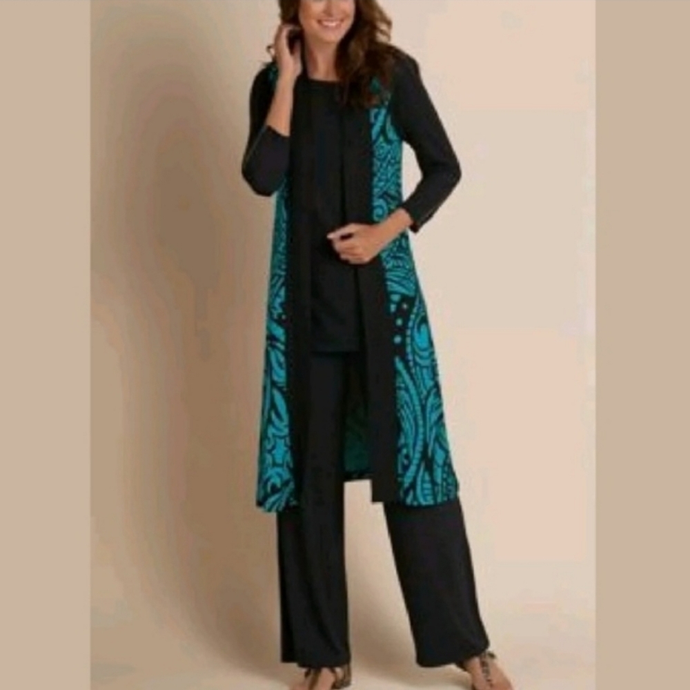 Soft Surroundings Black Long Cardigan with Teal Pattern